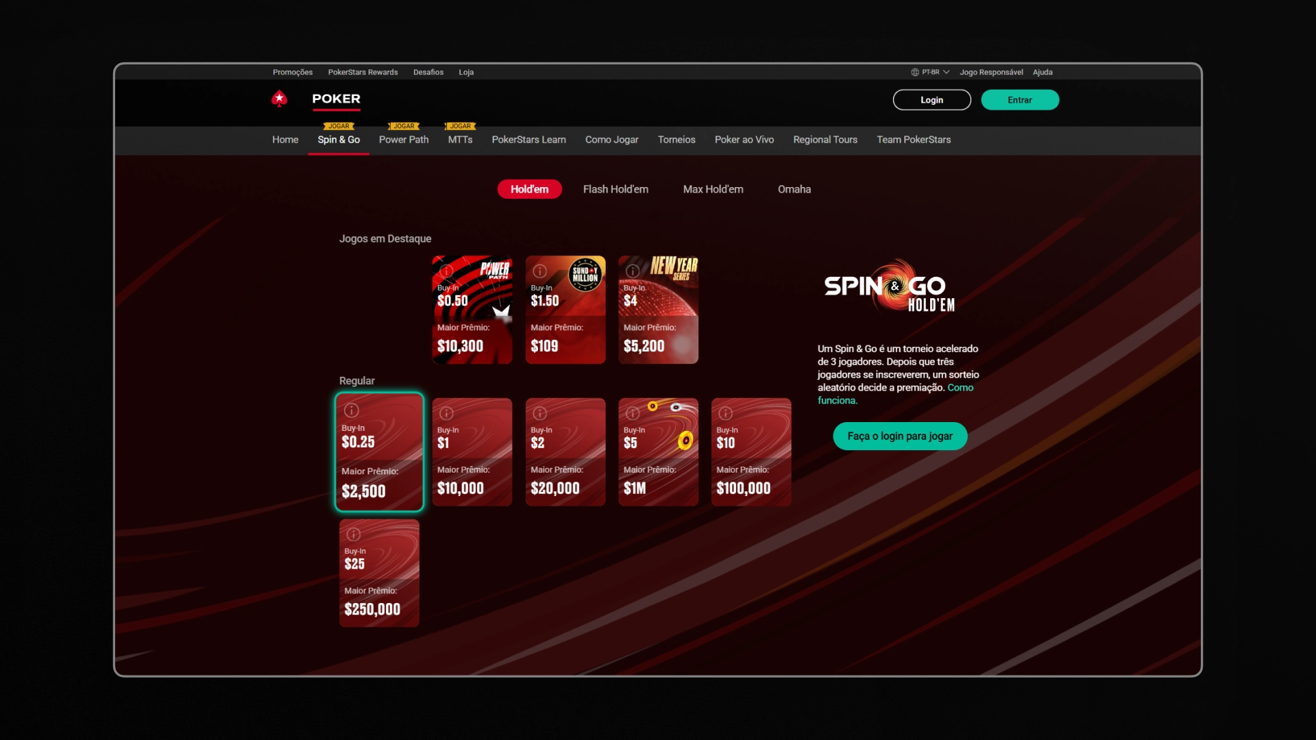 Print mostra página de apostas da Pokerstars