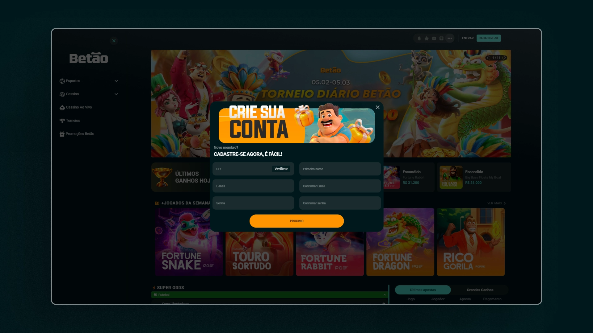 imagem cadastro Betão Apostas