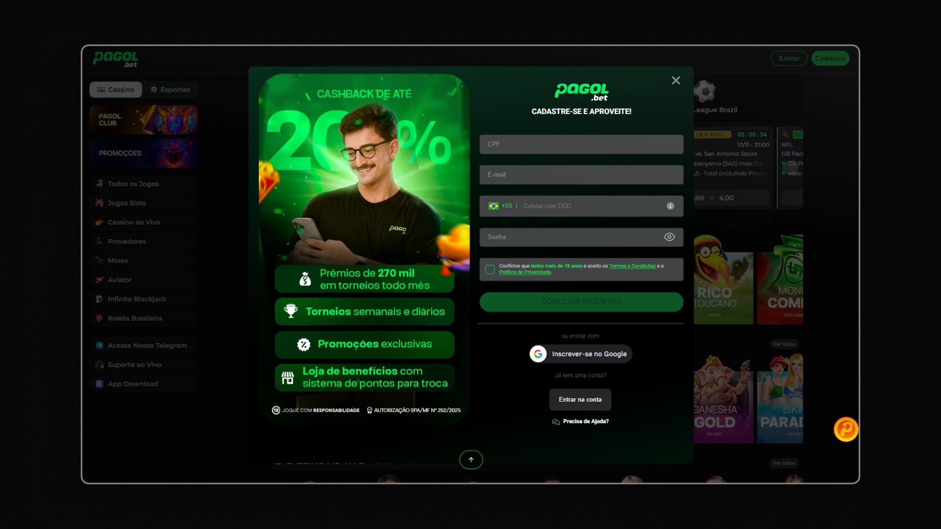 imagem cadastro pagol bet