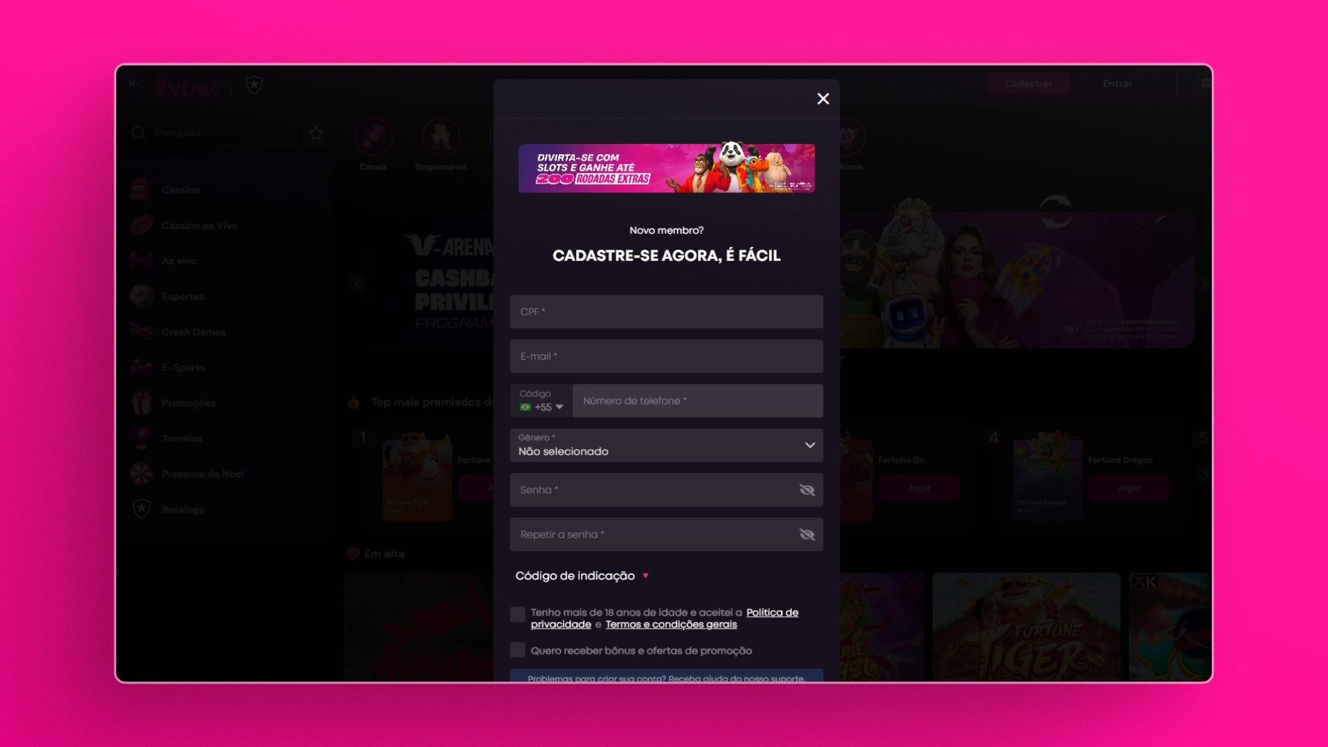 imagem cadastro registro desktop VBet