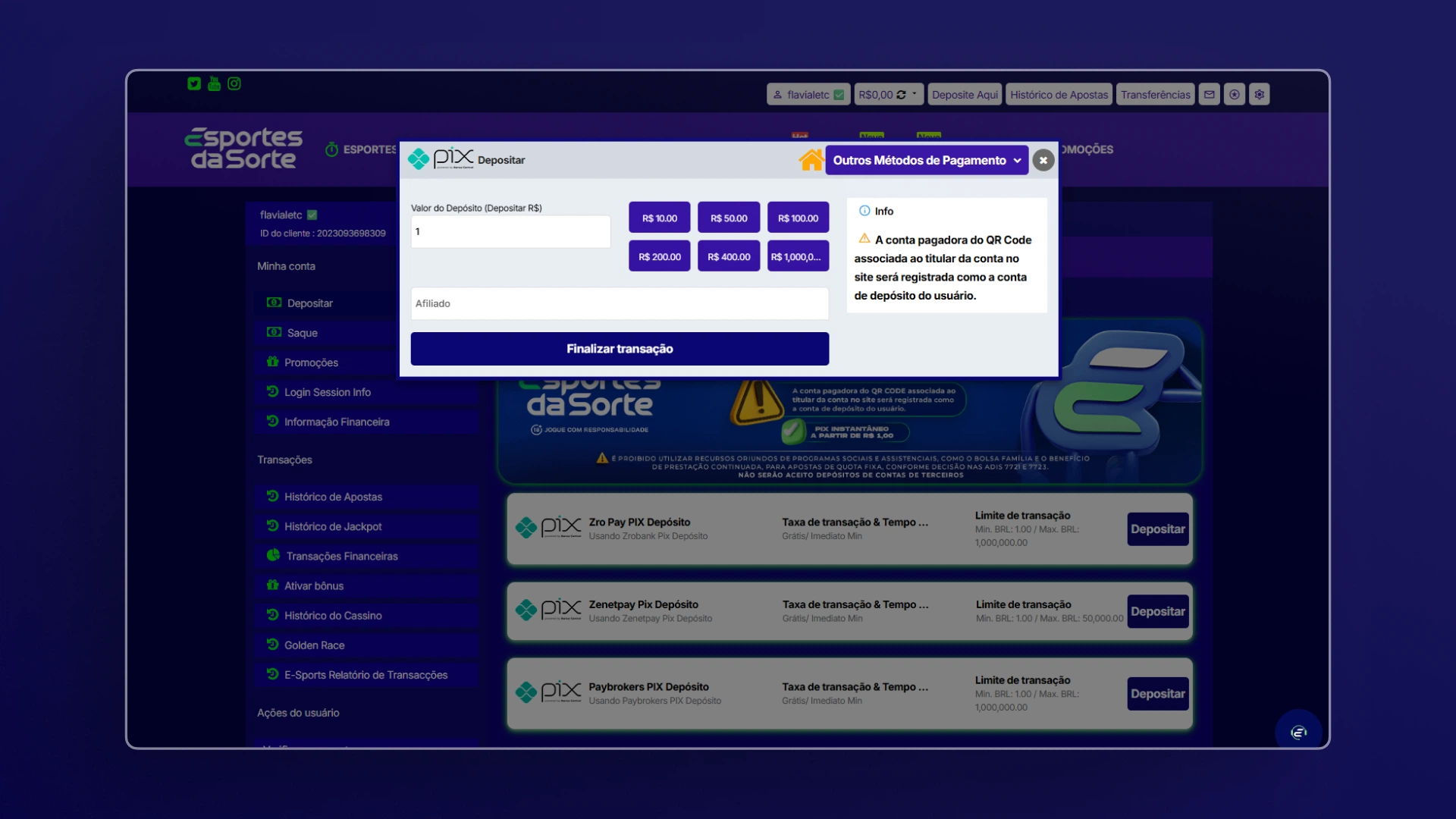 imagem deposito esportes da sorte