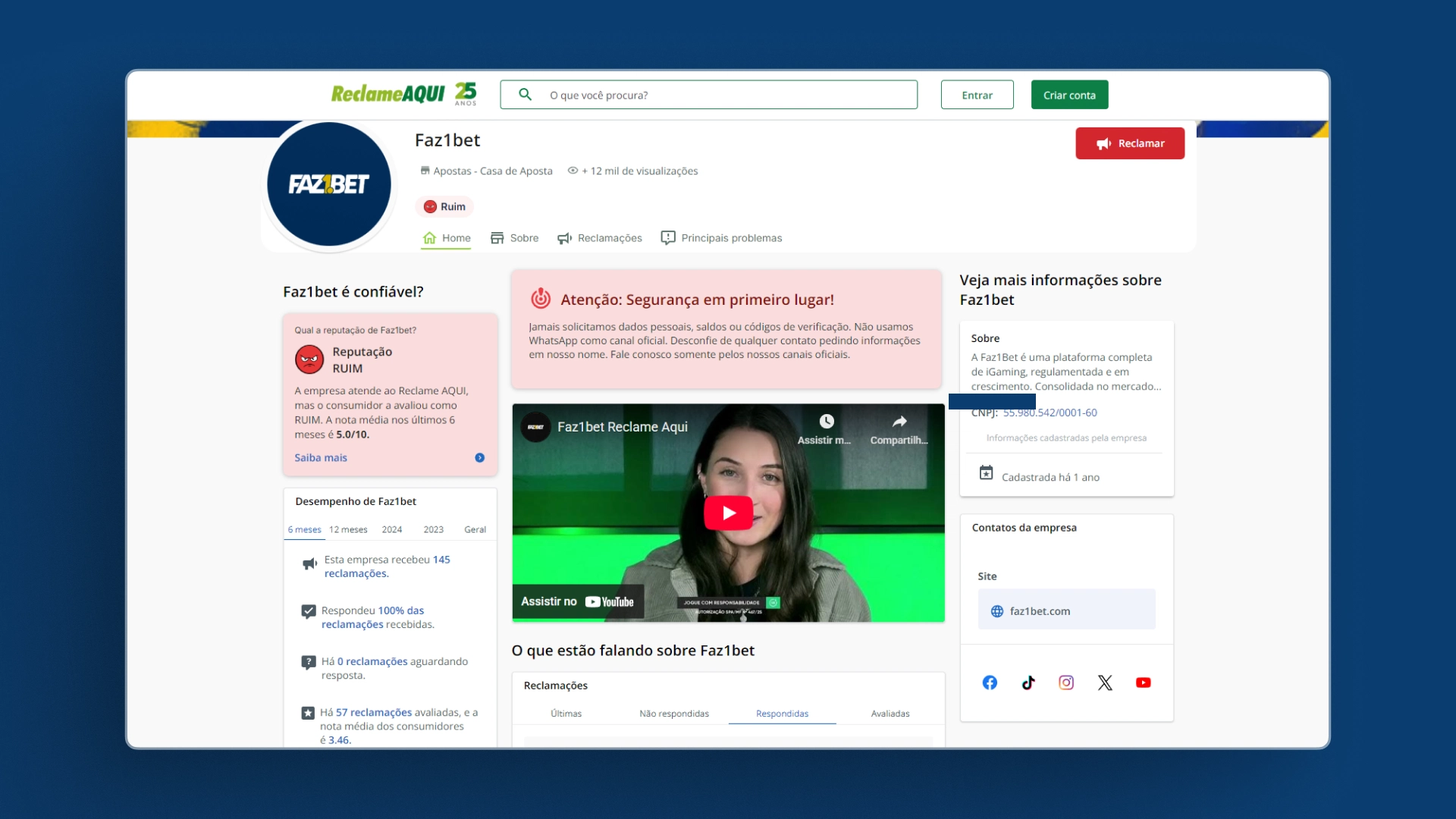 imagem reclame aqui Faz 1 Bet