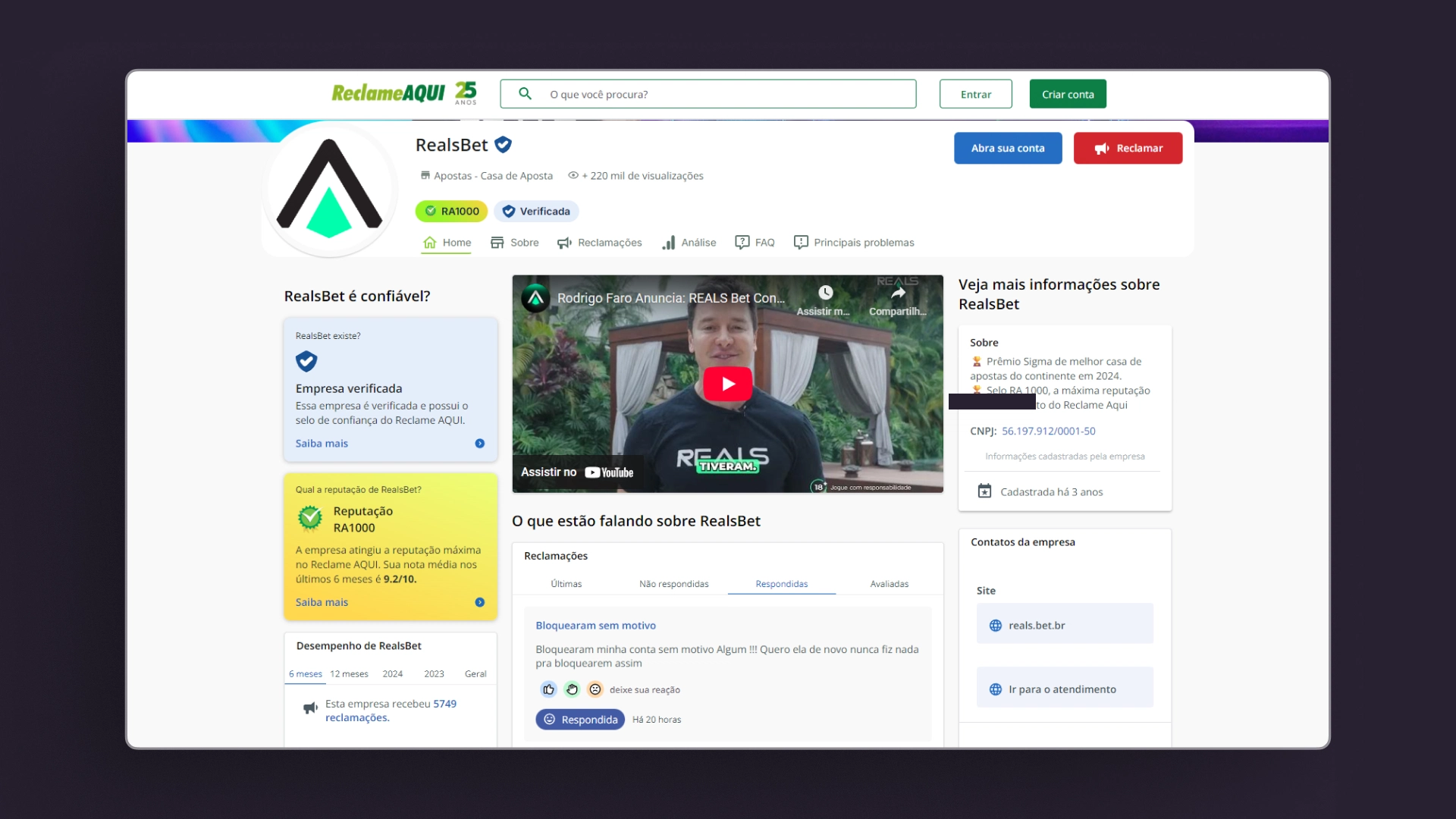 imagem reclame aqui reals bet