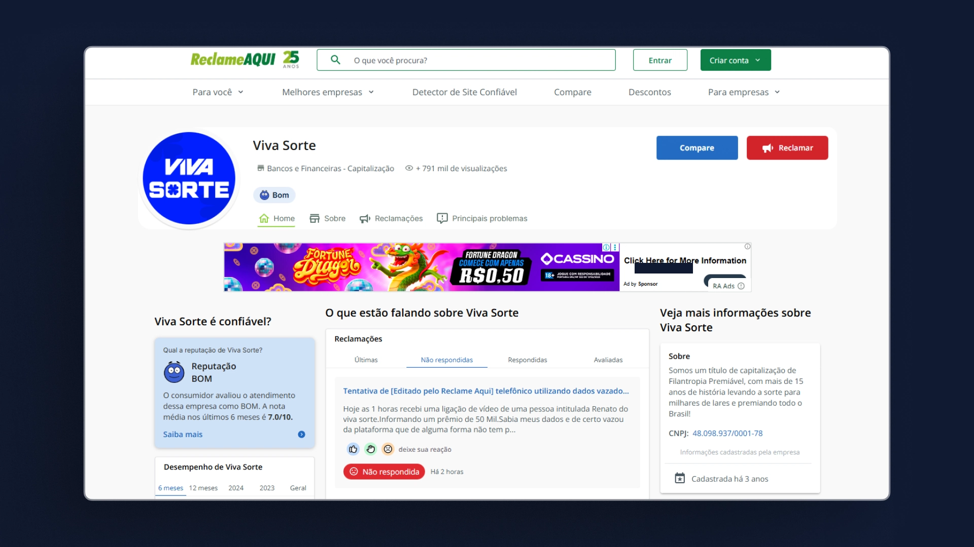 imagem reclame aqui viva sorte bet