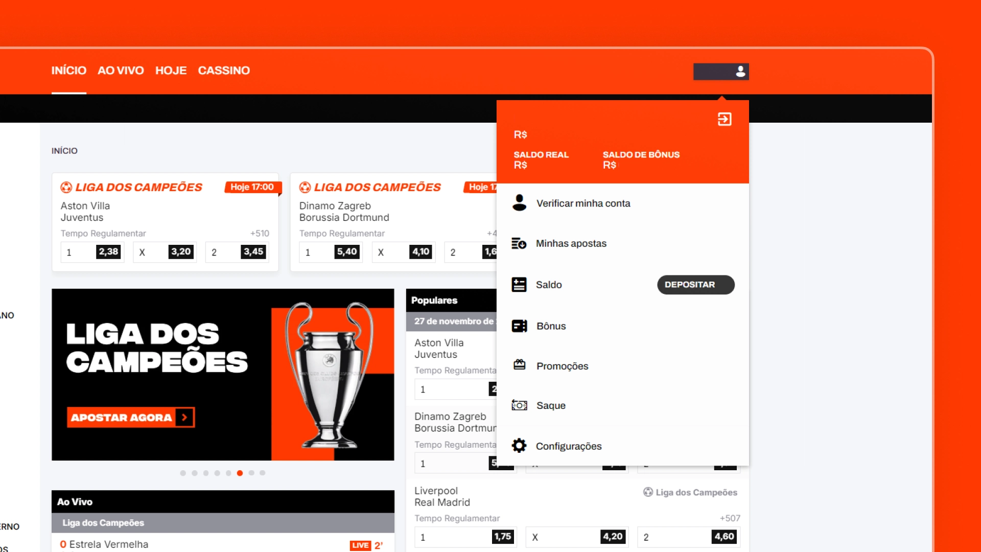 Print mostra página de saldo da BetWarrior