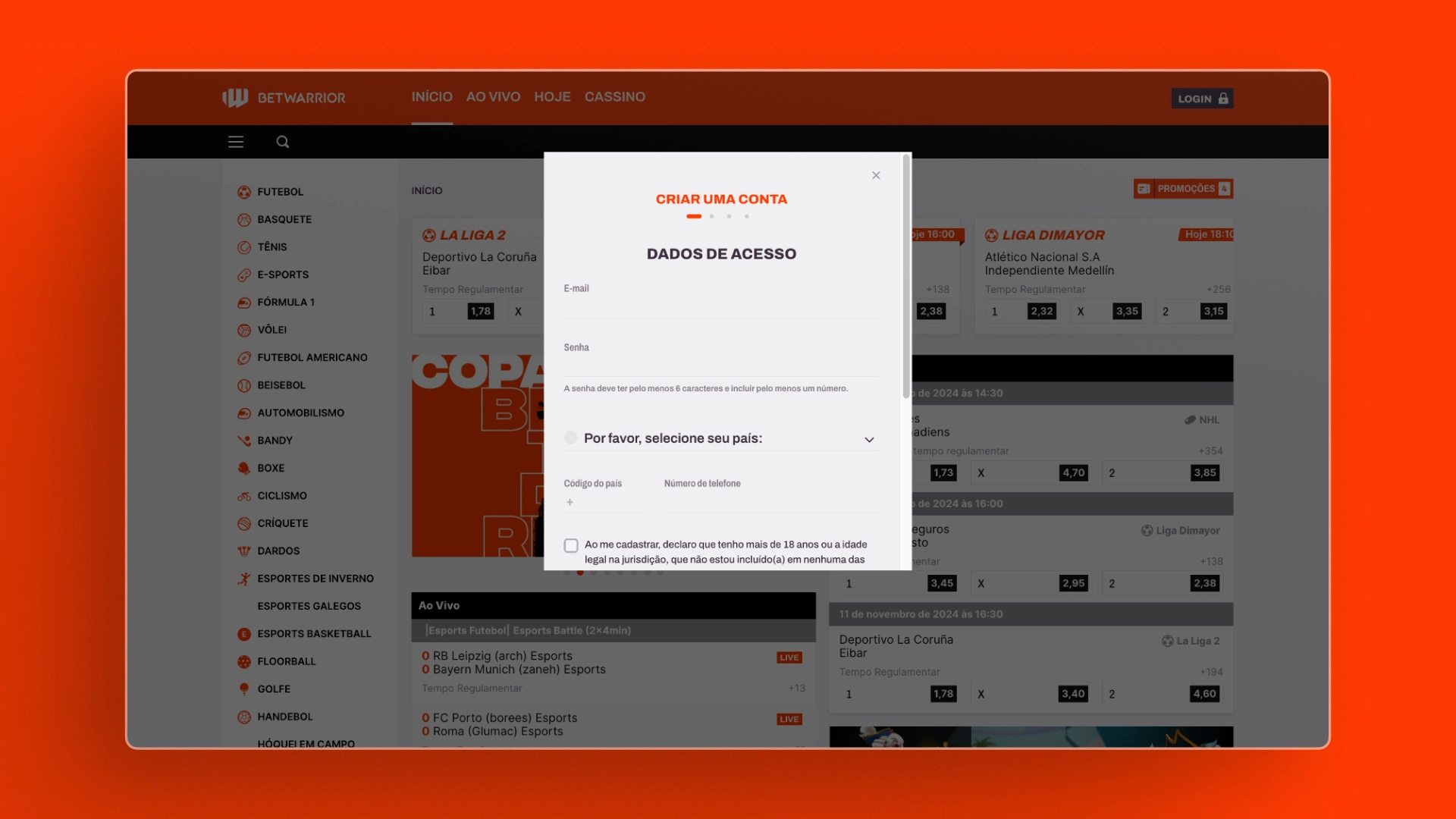 Print mostra página de cadastro da BetWarrior