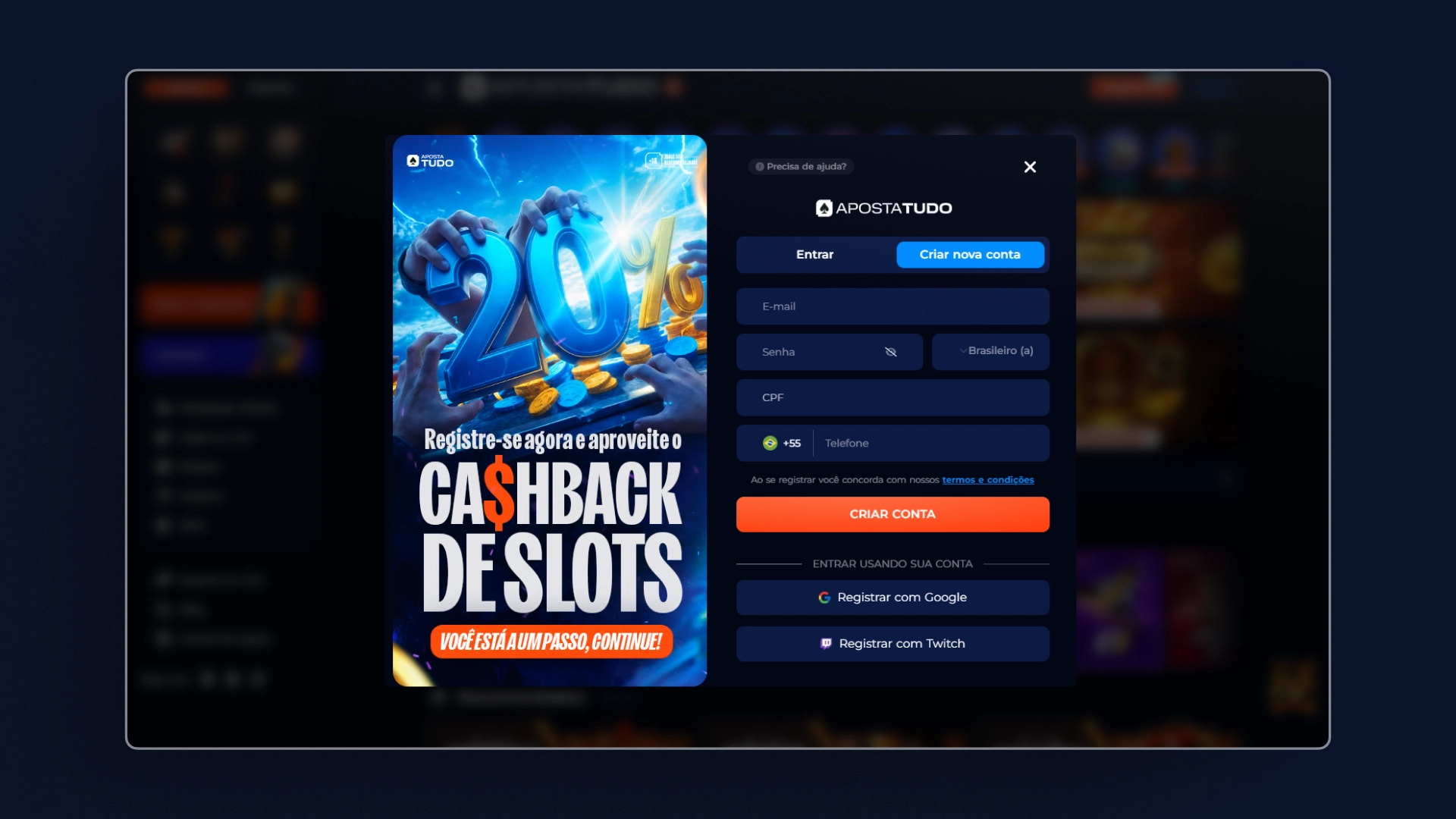 screenshot cadastro Aposta Tudo