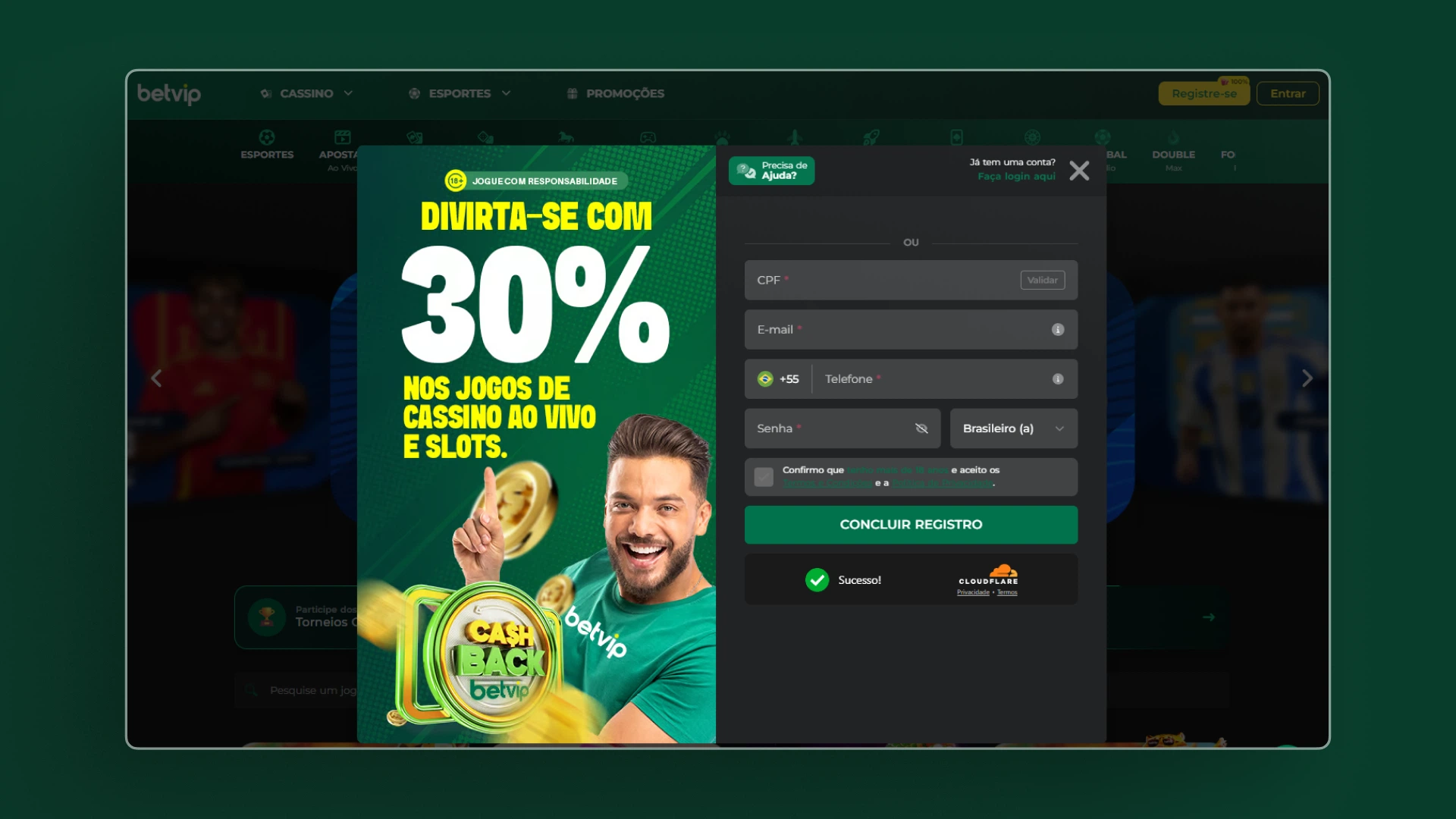 screenshot cadastro Betvip