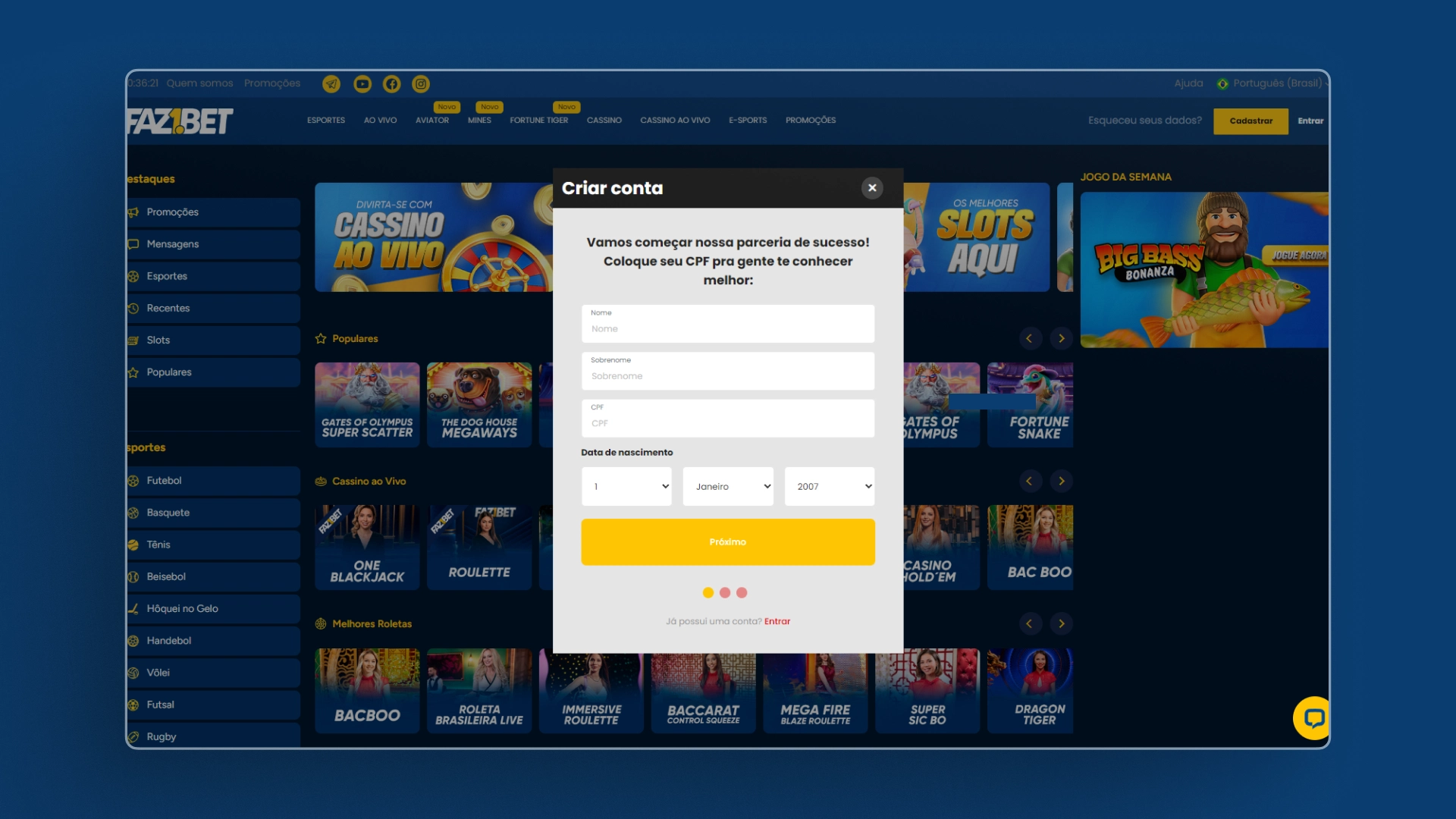 screenshot cadastro aqui Faz 1 Bet