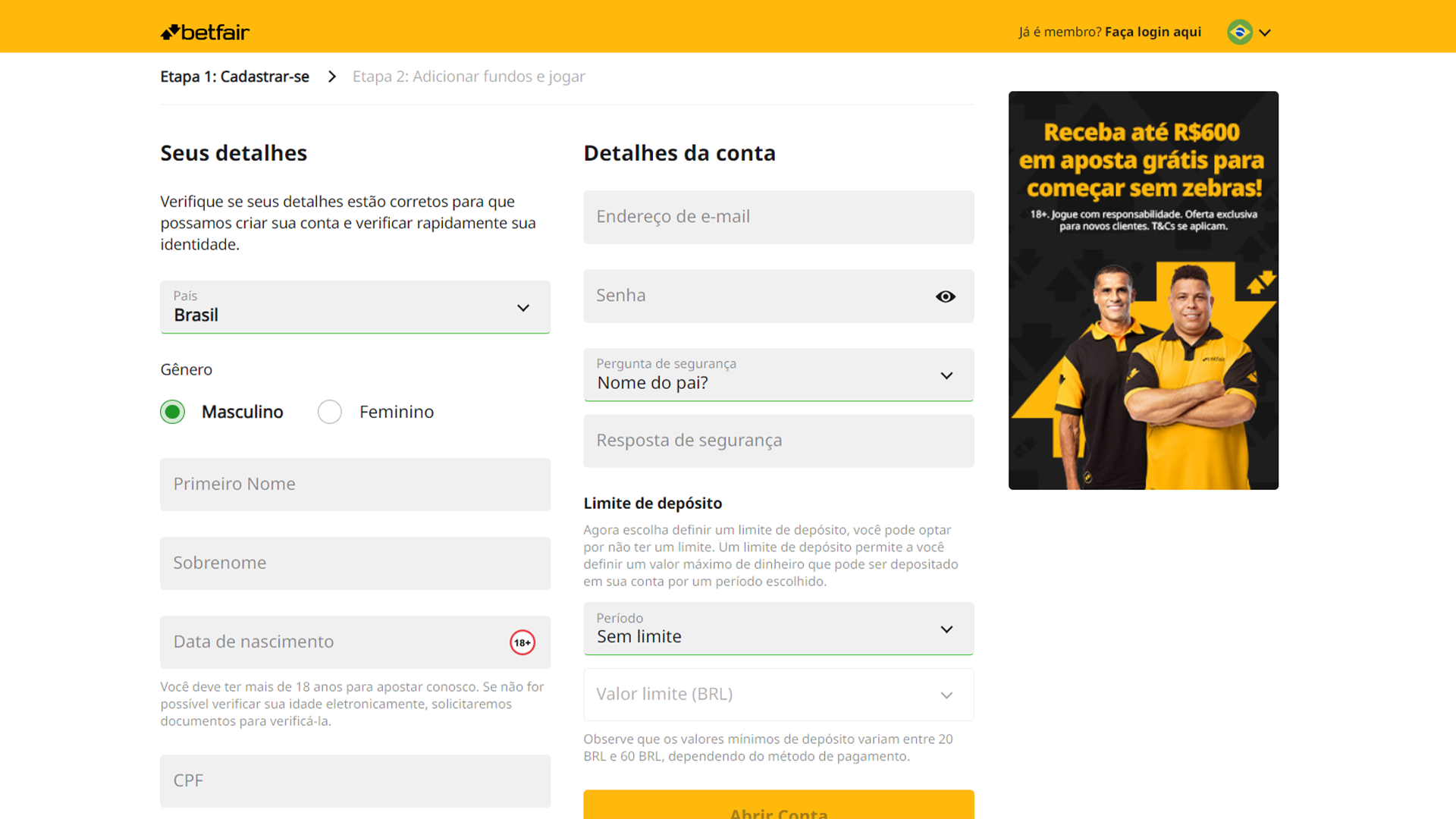 Print mostra página de cadastro da Betfair
