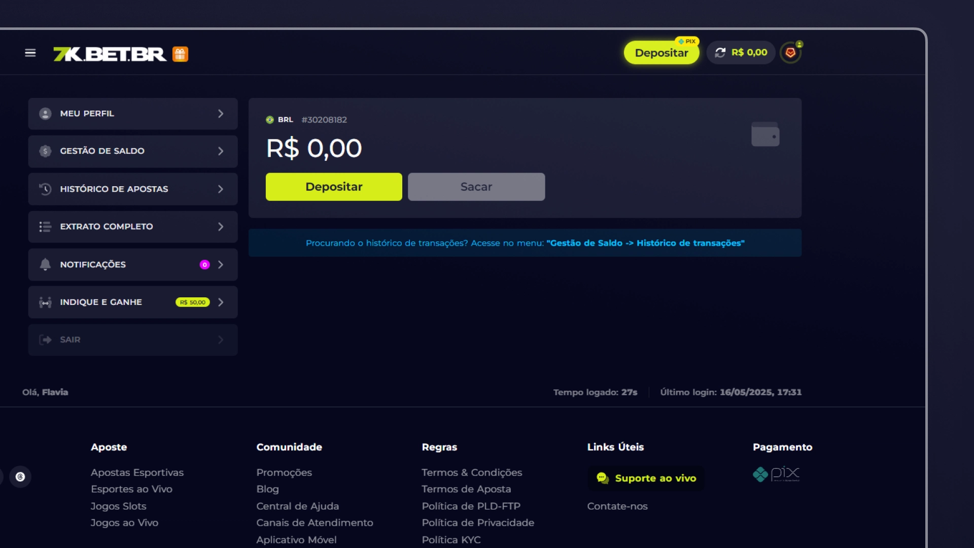 screenshot metodos de pagamento saque bet7k