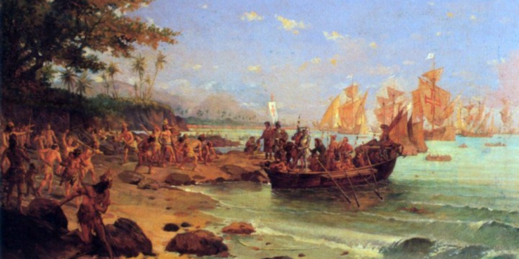 Desembarque de Pedro Álvares Cabral em Porto Seguro em 1500. (Pintor: Oscar Pereira da Silva/ Foto: Márcio Filho/MTur) Reprodução: Site do Governo do Brasil