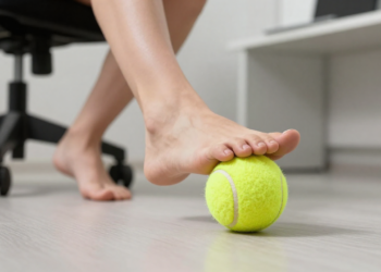 A bola de tênis sob o pé na mesa do escritório que solta a tensão das costas inteira