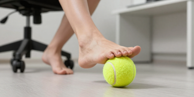 A bola de tênis sob o pé na mesa do escritório que solta a tensão das costas inteira