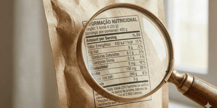 a tabela nutricional, a linha “sódio” indica quanto do mineral há por porção, e muitas embalagens trazem porções pequenas