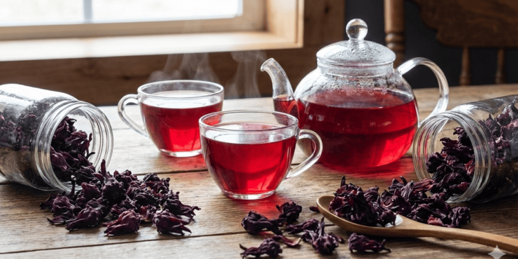 O chá de hibisco é frequentemente associado à melhoria da circulação por concentrar compostos como antocianinas e flavonoides