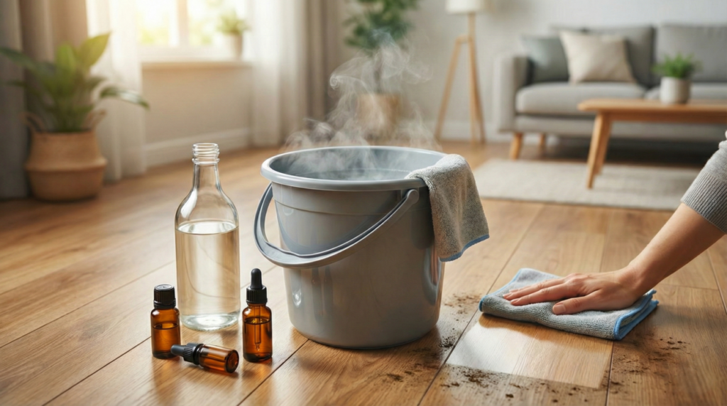 Mistura caseira aplicada com pano que ajuda a remover riscos e manchas do piso
