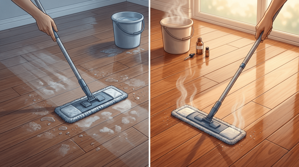 Mistura caseira aplicada com pano que ajuda a remover riscos e manchas do piso
