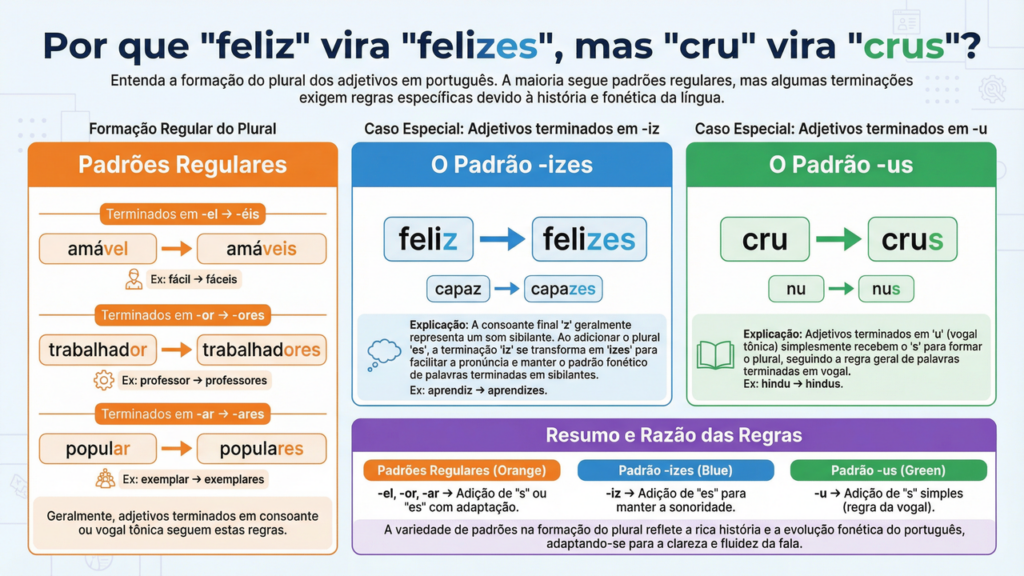 Por que “feliz” vira “felizes”, mas “cru” vira “crus”?