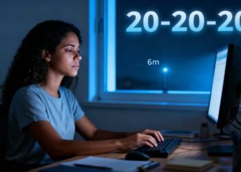 Prática da “regra 20-20-20” para proteger os olhos de quem passa horas em telas