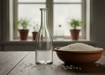 A esponja não entra? O truque da "lixa líquida" com arroz cru que remove todo o limo do fundo da garrafa em 60 segundos sem riscar o vidro