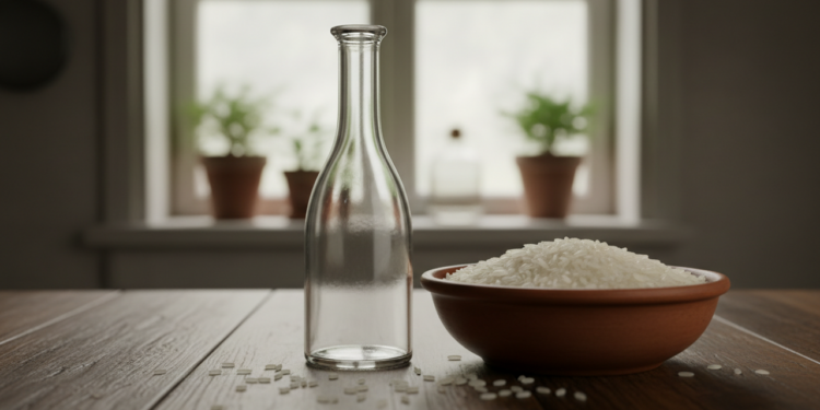 A esponja não entra? O truque da "lixa líquida" com arroz cru que remove todo o limo do fundo da garrafa em 60 segundos sem riscar o vidro