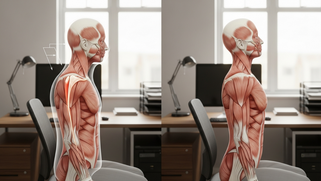 Músculo peitoral enfraquecido que contribui para a postura inclinada para frente
