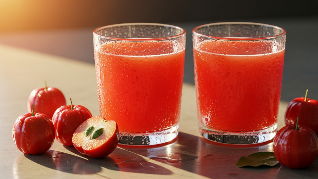 Efeito nutritivo do suco de acerola que fortalece o organismo com sua alta concentração de vitamina C