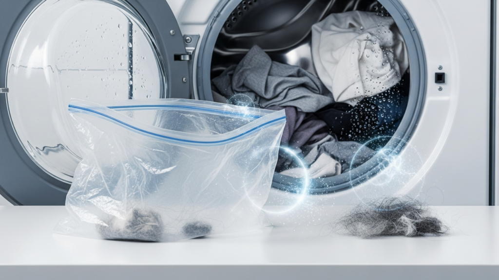 Uso do saco plástico na máquina de lavar para ajudar a remover fiapos e cabelos das roupas
