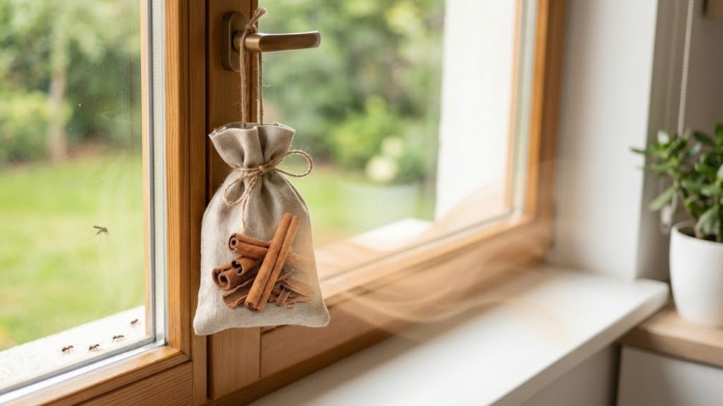 Saquinho com canela na janela ligado a hábitos aromáticos e práticas tradicionais de proteção do lar
