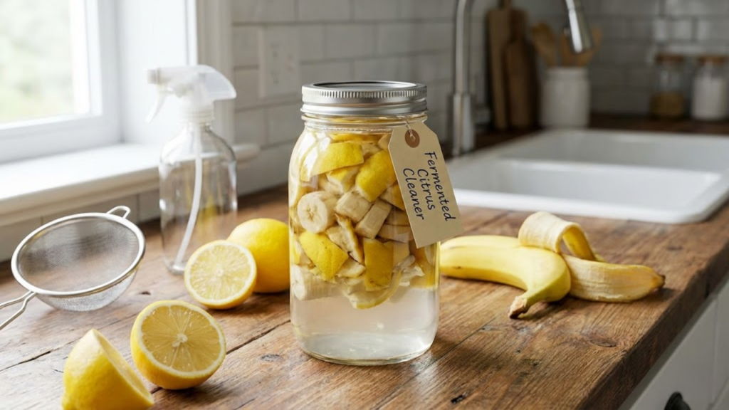 Combinação de casca de banana com vinagre e limão usada em soluções caseiras populares
