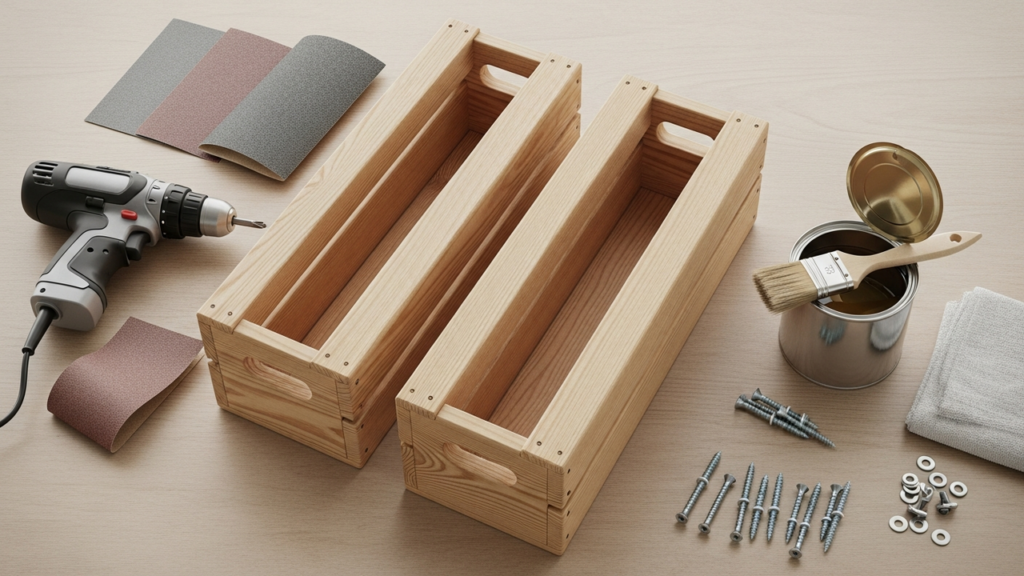 Mesa simples feita com duas caixas de madeira reutilizadas da feira