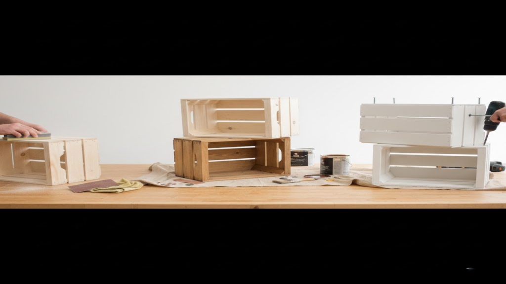 Mesa simples feita com duas caixas de madeira reutilizadas da feira