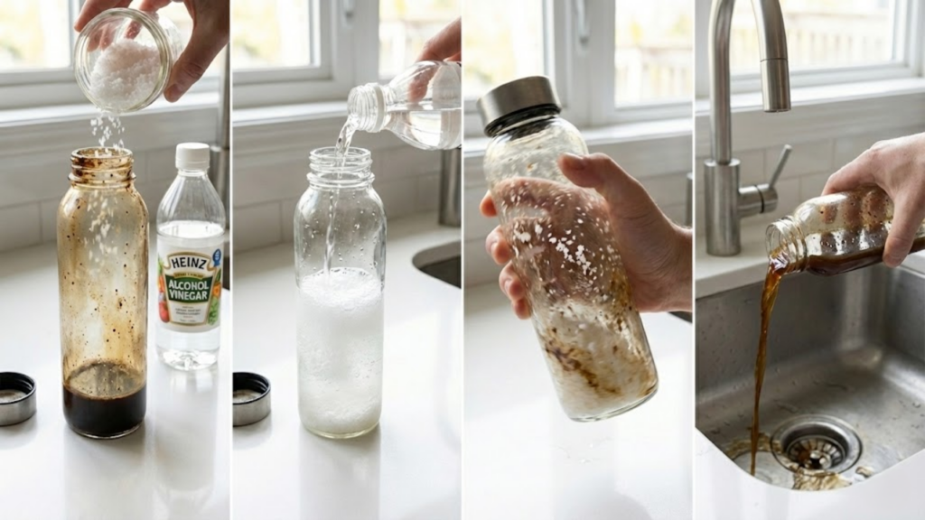 Uso de sal e vinagre na garrafa térmica para limpeza interna e odores
