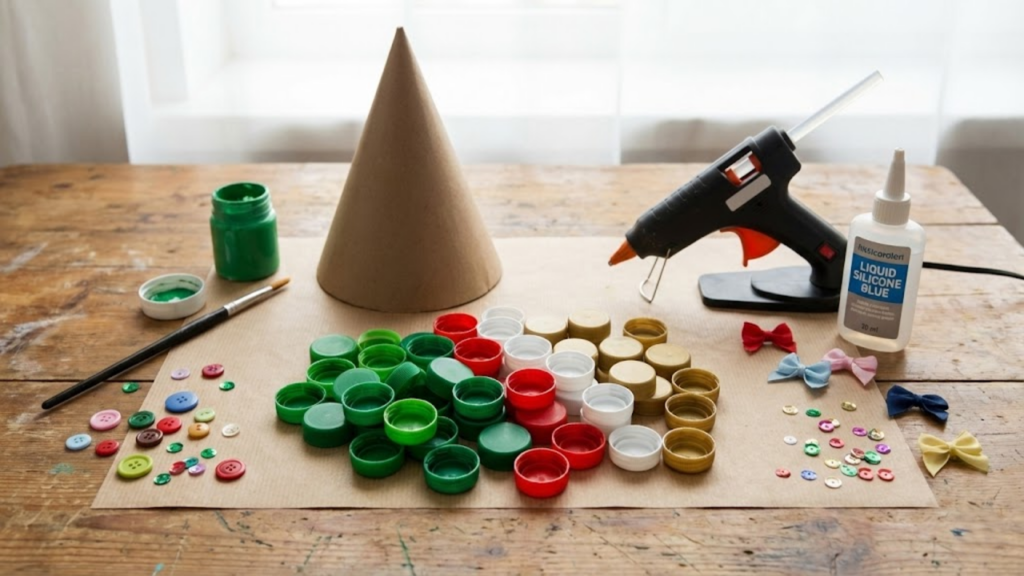 Como fazer uma árvore de Natal com tampinhas de plástico