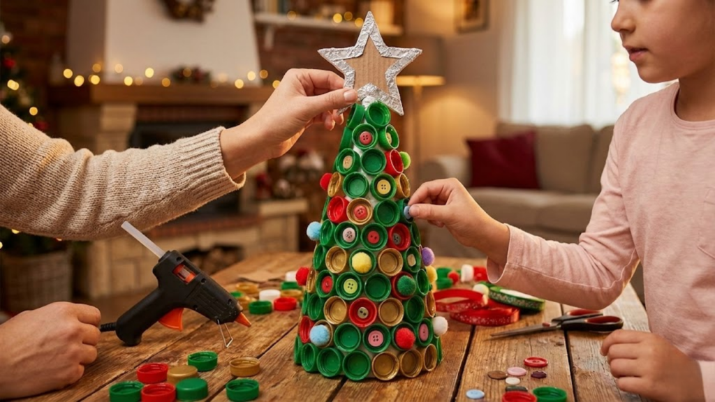 Como fazer uma árvore de Natal com tampinhas de plástico