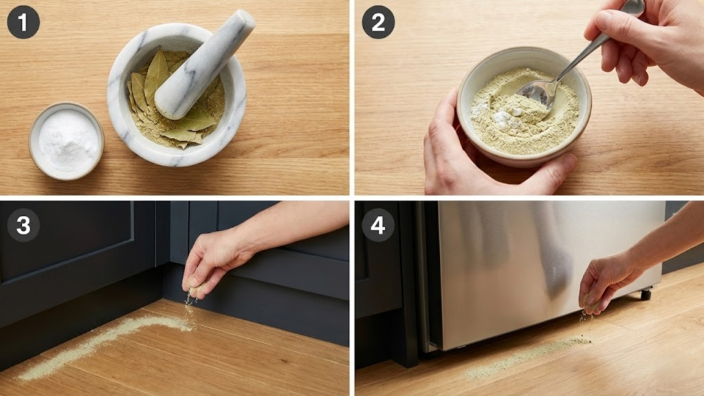 Combinação de folhas de louro e bicarbonato usada em diferentes tarefas domésticas
