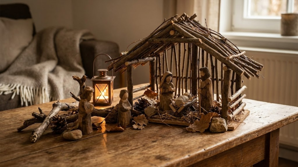 Presépio artesanal criado com galhos secos formando uma cena natalina decorativa
