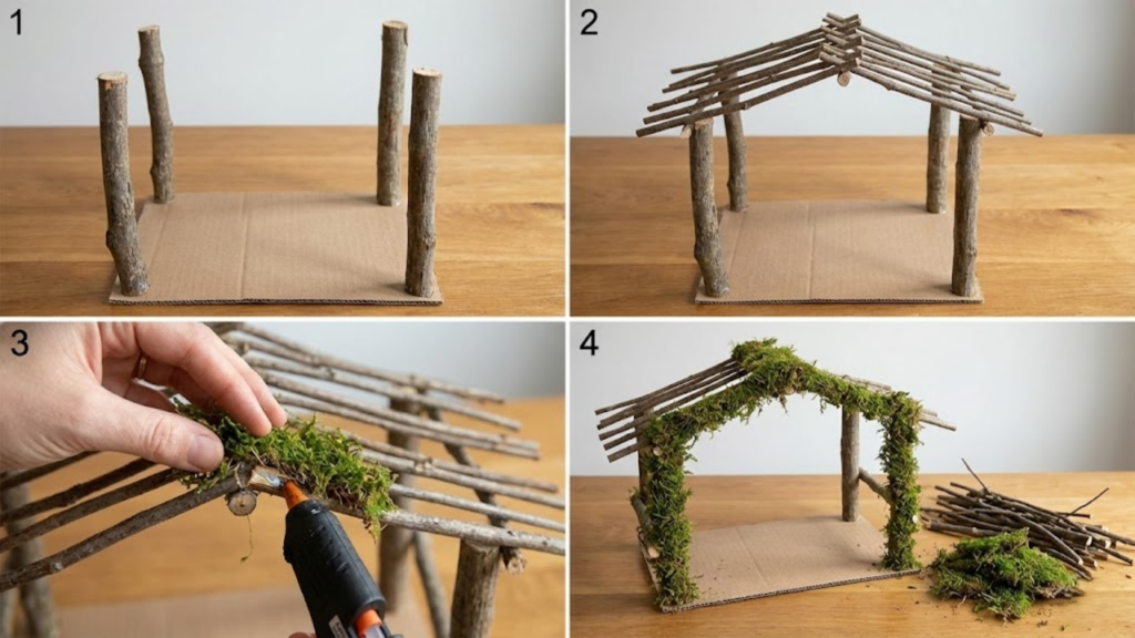 Presépio artesanal criado com galhos secos formando uma cena natalina decorativa
