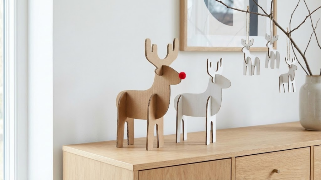 Enfeites de Natal feitos com caixas de papelão reaproveitadas de forma criativa
