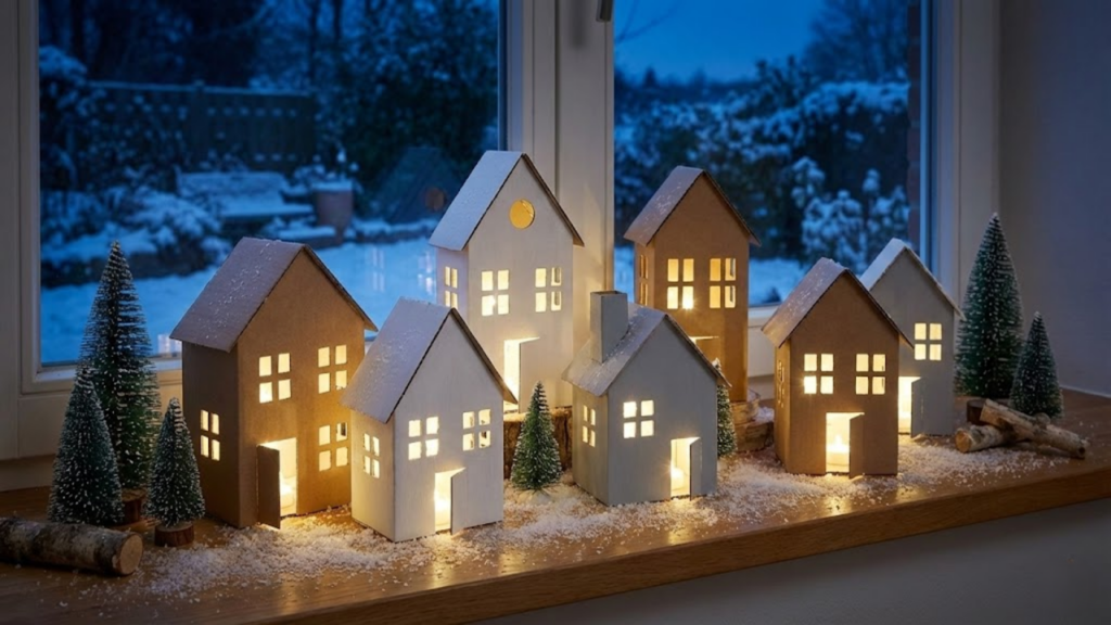 Enfeites de Natal feitos com caixas de papelão reaproveitadas de forma criativa
