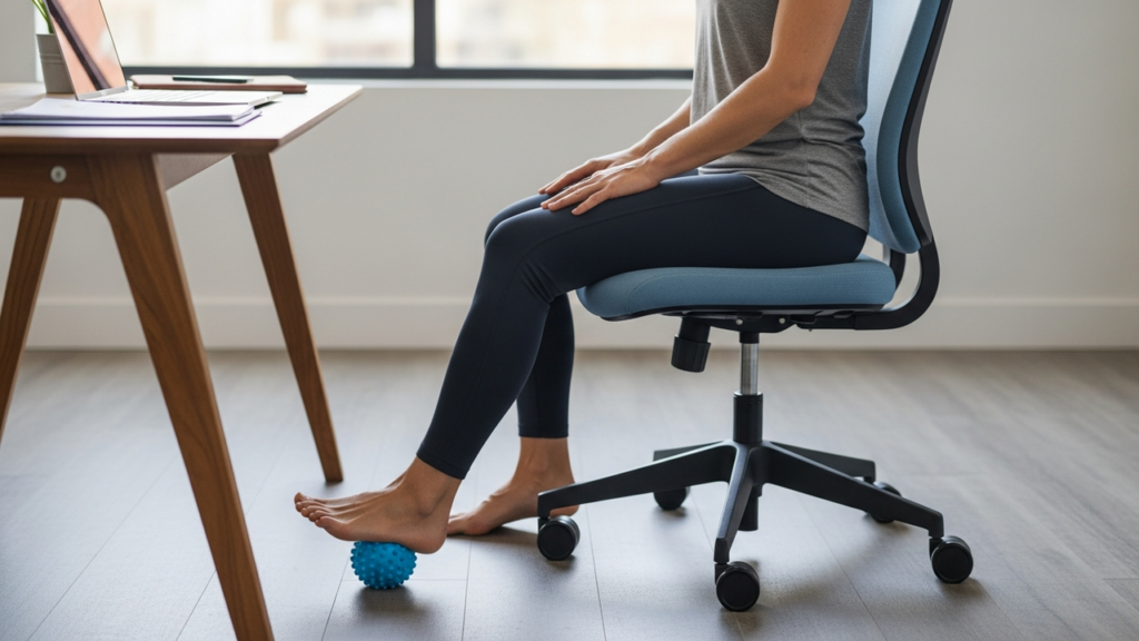 Uso de bola de tênis sob o pé no escritório ajuda a aliviar tensões nas costas
