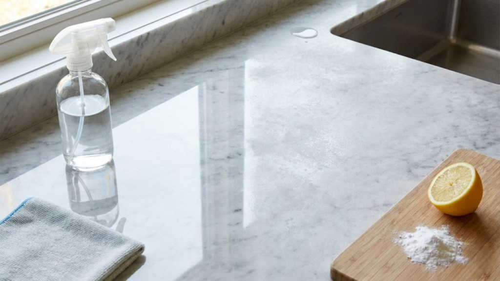 Função do vinagre na limpeza da bancada da cozinha e na redução de odores
