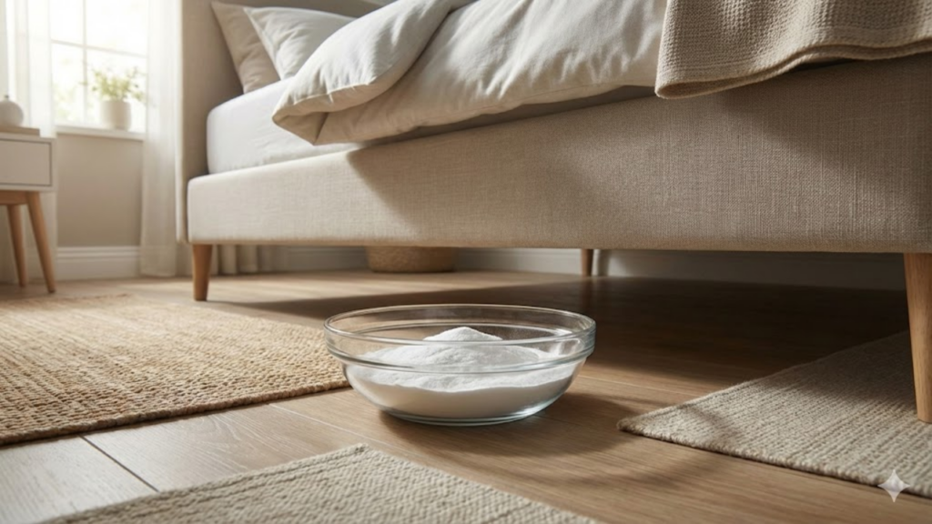 Uso de bicarbonato sob a cama associado à redução de odores e umidade
