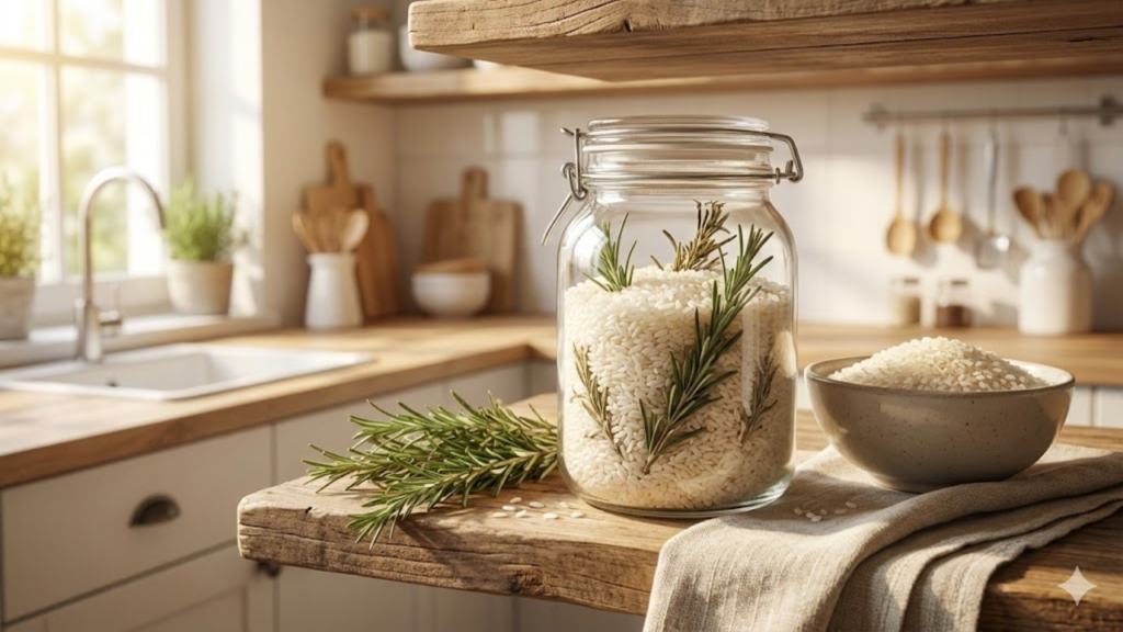 Uso de arroz com alecrim no ambiente associado à absorção de umidade e aroma natural
