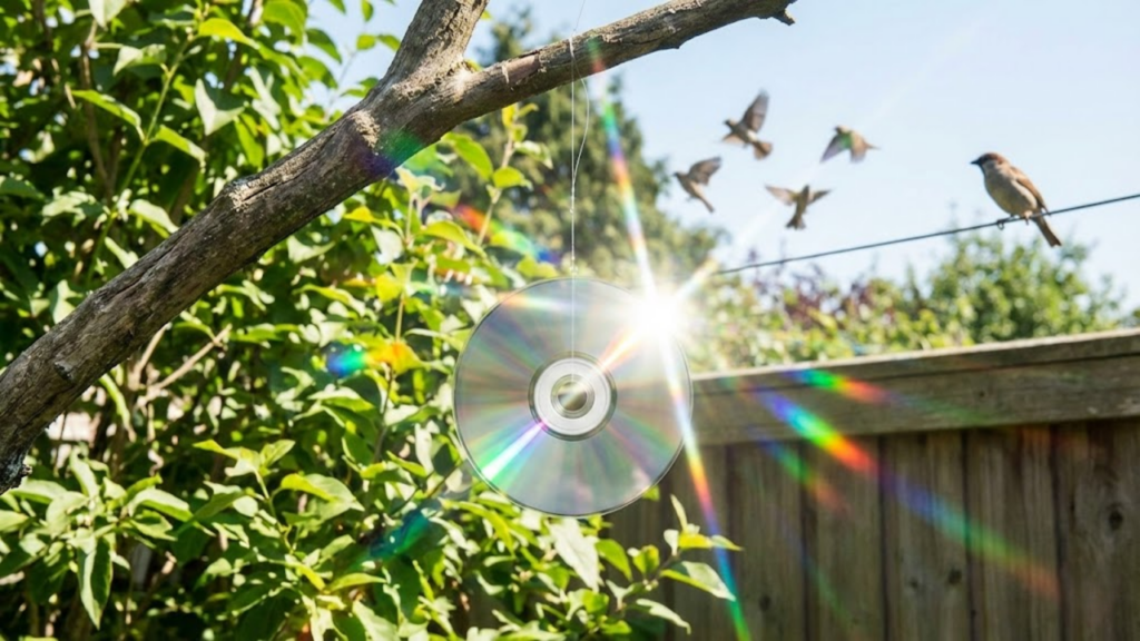 Uso de CDs pendurados na varanda associado ao reflexo de luz para afastar aves
