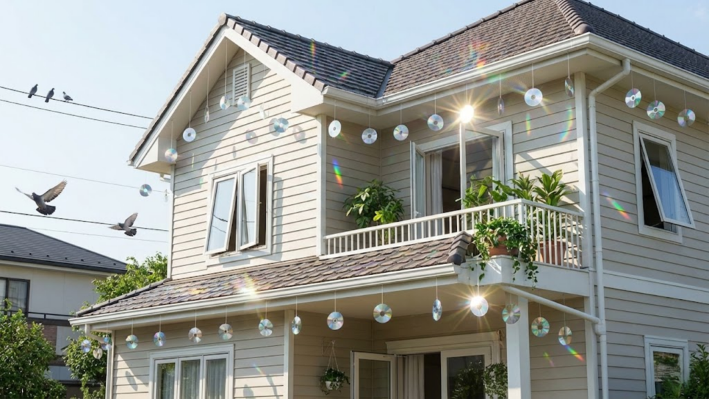 Uso de CDs pendurados na varanda associado ao reflexo de luz para afastar aves
