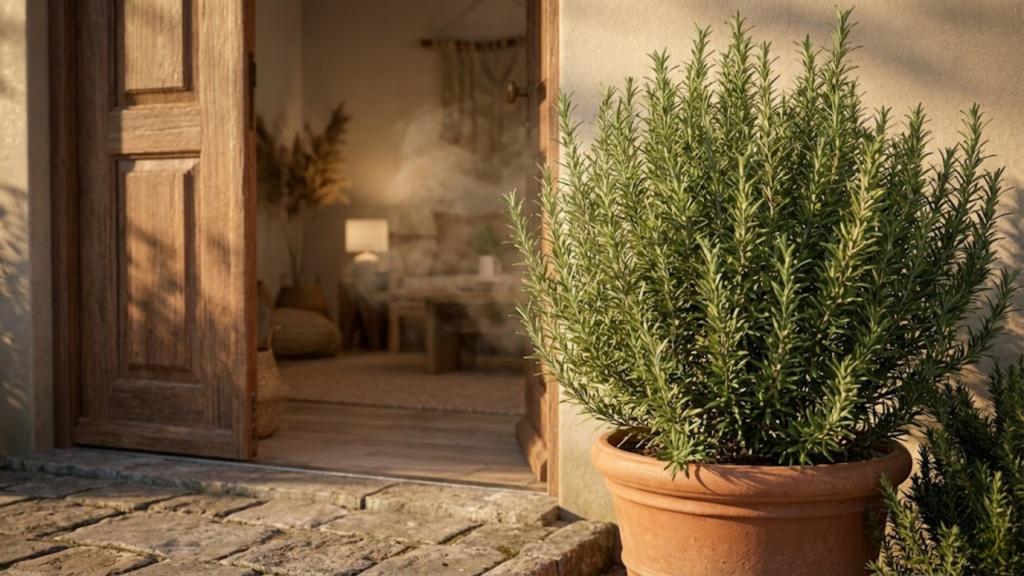 Coroa de alecrim na porta preparada como símbolo de harmonia no lar
