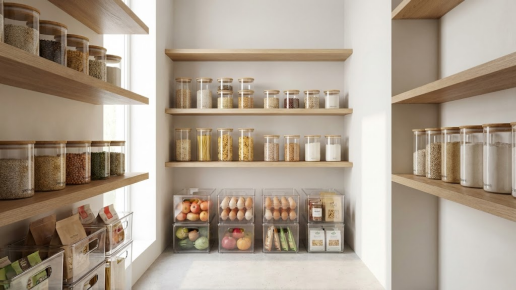 Organização de arroz, feijão e ovos para manter a cozinha funcional e visualmente agradável
