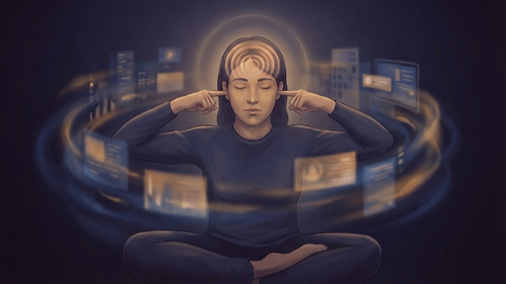 O "Suspiro da Abelha" (Bhramari Pranayama) tapando os ouvidos para eliminar a raiva/frustração